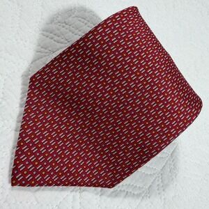 Dion Signature Necktie Men‎ Red Geometric Italian Silk Handcrafted EUC